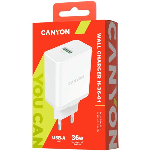 CANYON H-36-01, QC3.0 36W WALL Charger with 1-USB A   Input: 100V-240V, Output:  USB-A:QC3.0 36W (5V3A/9V3.0A/12V3.0A),  Eu plug  , Over- Voltage ,  over-heated, over-current and short circuit...