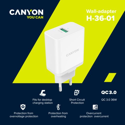 CANYON H-36-01, QC3.0 36W WALL Charger with 1-USB A   Input: 100V-240V, Output:  USB-A:QC3.0 36W (5V3A/9V3.0A/12V3.0A),  Eu plug  , Over- Voltage ,  over-heated, over-current and short circuit...