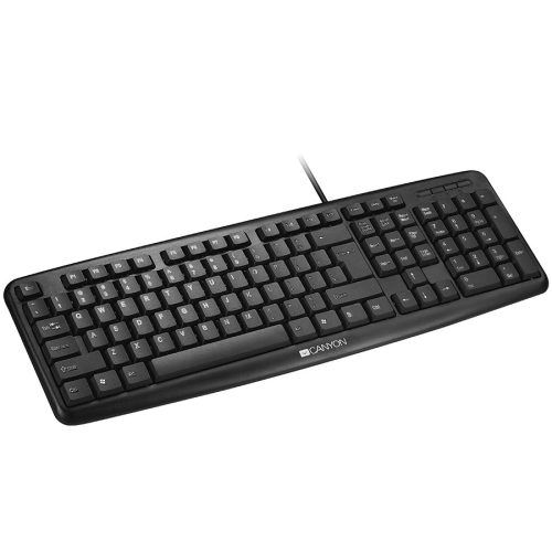 CANYON Wired Keyboard, 104 keys, USB2.0, Black, cable length 1.8m, 443*145*24mm, 0.37kg, Russia