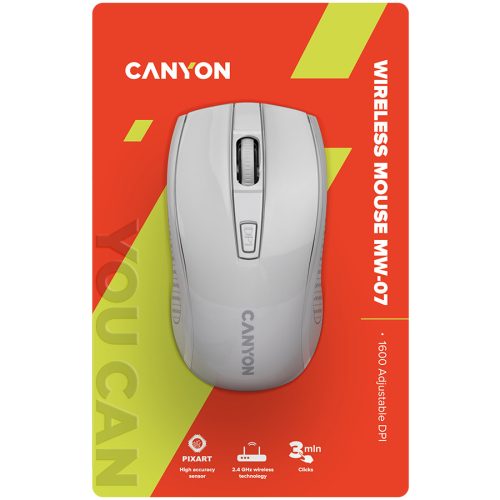 CANYON MW-7, 2.4Ghz wireless mouse, 6 buttons, DPI 800/1200/1600, with 1 AA battery ,size 110*60*37mm,58g,white