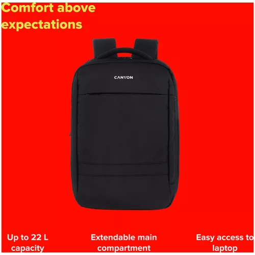 CANYON BPL-5, Laptop backpack for 15.6 inch, Product spec/size(mm): 440MM x300MM x 170MM, Black, EXTERIOR materials:100% Polyester, Inner materials:100% Polyester, max weight (KGS): 12kgs