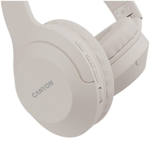 CANYON BTHS-3, Bluetooth headset,with microphone, BT V5.1 JL6956, battery 300mAh, Type-C charging plug, PU material, size:168*190*78mm, charging cable 30cm and audio cable 100cm, Beige