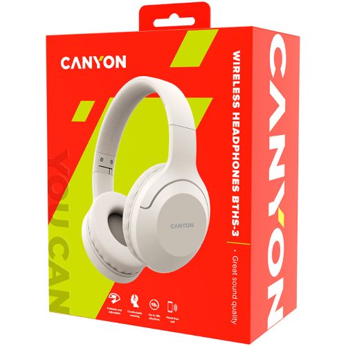 CANYON BTHS-3, Bluetooth headset,with microphone, BT V5.1 JL6956, battery 300mAh, Type-C charging plug, PU material, size:168*190*78mm, charging cable 30cm and audio cable 100cm, Beige