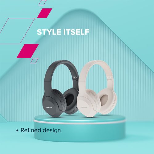 CANYON BTHS-3, Bluetooth headset,with microphone, BT V5.1 JL6956, battery 300mAh, Type-C charging plug, PU material, size:168*190*78mm, charging cable 30cm and audio cable 100cm, Beige