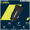 CANYON C-20B03, PD 30W/QC3.0 18W Pocket size car charger with 1-USB A+ 1-USB-C Input: DC12V-24V, Output: USBC: PD30W( 5V3A/9V3A/12V2.5A/15V2A/20V1.5A),USB-A:QC3.0 18W (5V3A