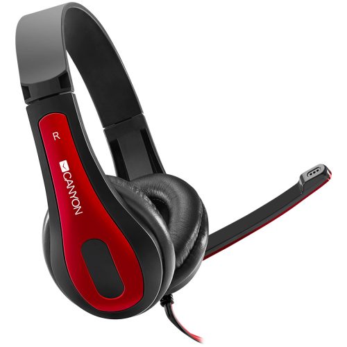 CANYON HSC-1 basic PC headset with microphone, combined 3.5mm plug, leather pads, Flat cable length 2.0m, 160*60*160mm, 0.13kg, Black-red