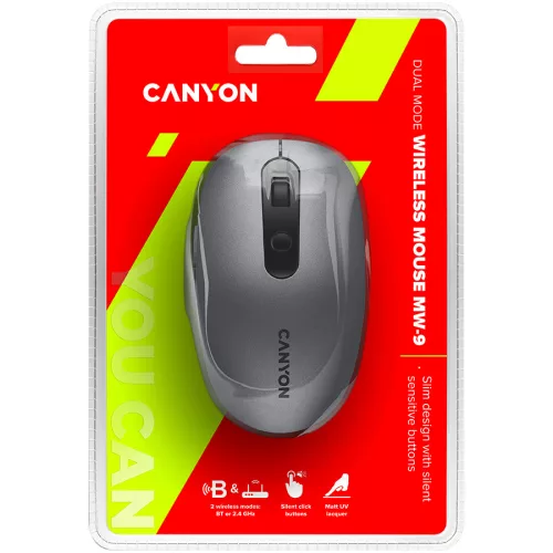 CANYON MW-9, 2 in 1 Wireless optical mouse with 6 buttons, DPI 800/1000/1200/1500, 2 mode(BT/ 2.4GHz), Battery AA*1pcs, Grey, 65.4*112.25*32.3mm, 0.092kg