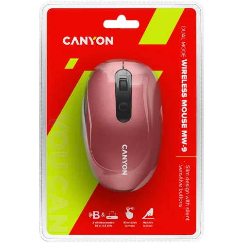 CANYON MW-9 2 in 1 Wireless optical mouse with 6 buttons, DPI 800/1000/1200/1500, 2 mode(BT/ 2.4GHz), Battery AA*1pcs, Red, silent switch for right/left keys, 65.4*112.25*32.3mm, 0.092kg