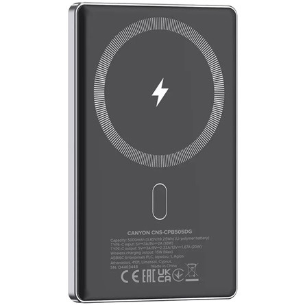 CANYON power bank OnPower 505 slim Magnetic 5000 mAh PD20W Dark Grey