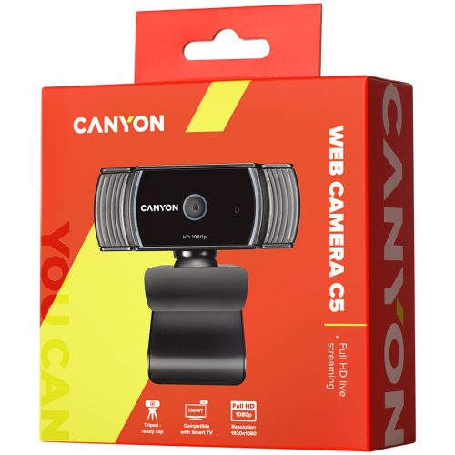 CANYON C5 1080P full HD 2.0Mega auto focus webcam with USB2.0 connector, 360 degree rotary view scope, built in MIC, IC Sunplus2281, Sensor OV2735, viewing angle 65°, cable length 2.0m, Black,...