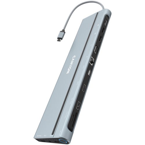 CANYON DS-90, 14 in 1 hub, with Type C female *2,Type C male *1:max 10Gbps,USBA*3:max 10Gbps,DP*1，VGA*1,SD card slot*1,TF card slot*1,Audio 3.5 audio*1,HDMI*2,RJ45*1,cable length 0.20m,Aluminu...