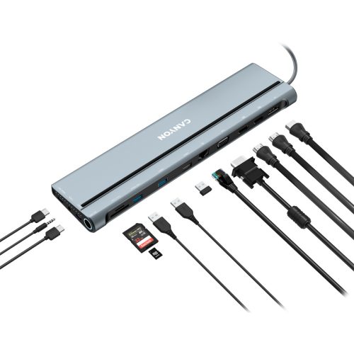 CANYON DS-90, 14 in 1 hub, with Type C female *2,Type C male *1:max 10Gbps,USBA*3:max 10Gbps,DP*1，VGA*1,SD card slot*1,TF card slot*1,Audio 3.5 audio*1,HDMI*2,RJ45*1,cable length 0.20m,Aluminu...