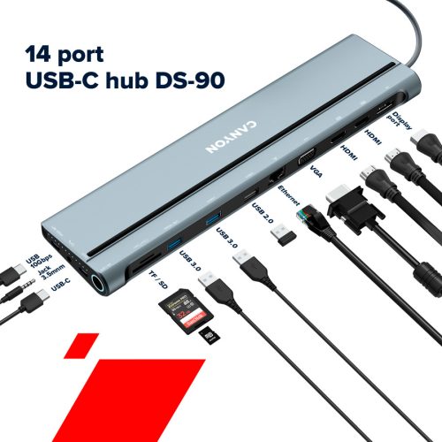 CANYON DS-90, 14 in 1 hub, with Type C female *2,Type C male *1:max 10Gbps,USBA*3:max 10Gbps,DP*1，VGA*1,SD card slot*1,TF card slot*1,Audio 3.5 audio*1,HDMI*2,RJ45*1,cable length 0.20m,Aluminu...