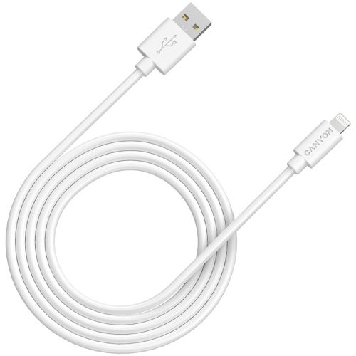 CANYON MFI C48 Lightning USB Cable for Apple , round, PVC, 2M, OD:4.0mm, Power+signal wire: 21AWG*2C+28AWG*2C,  Data transfer speed:26MB/s, White.  With shield , with CANYON logo and CANYON pa...