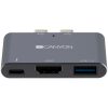 CANYON DS-1 Multiport Docking Station with 3 port, with Thunderbolt 3 Dual type C male port, 1*Thunderbolt 3 female+1*HDMI+1*USB3.0. Input 100-240V, Output USB-C PD100W&USB-A 5V/1A, Aluminium ...