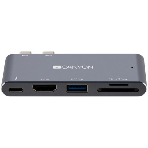 CANYON DS-5 Multiport Docking Station with 5 port, with Thunderbolt 3 Dual type C male port, 1*Thunderbolt 3 female+1*HDMI+1*USB3.0+1*SD+1*TF. Input 100-240V, Output USB-C PD100W&USB-A 5V/1A, ...