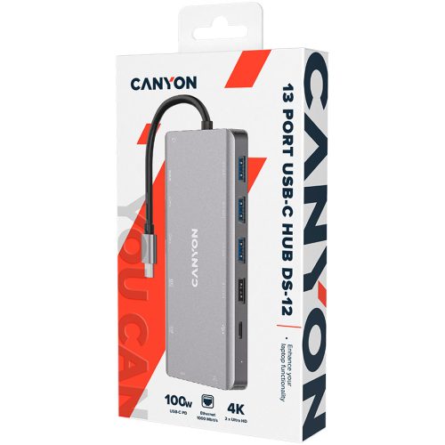 CANYON 13 in 1 USB C hub, with 2*HDMI, 3*USB3.0: support max. 5Gbps, 1*USB2.0: support max. 480Mbps, 1*PD: support max 100W PD, 1*VGA,1* Type C data, 1*Glgabit Ethernet, 1*3.5mm audio jack, ca...