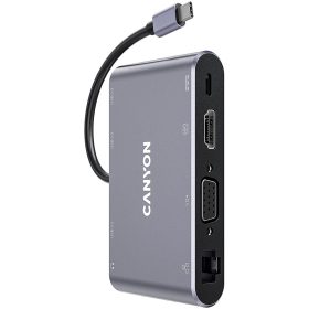   CANYON  8 in 1 USB C hub, with 1*HDMI: 4K*30Hz, 1*VGA, 1*Type-C PD charging port, Max 100W PD input. 3*USB3.0,transfer speed up to 5Gbps. 1*Glgabit Ethernet, 1*3.5mm audio jack, cable 15cm, Al...