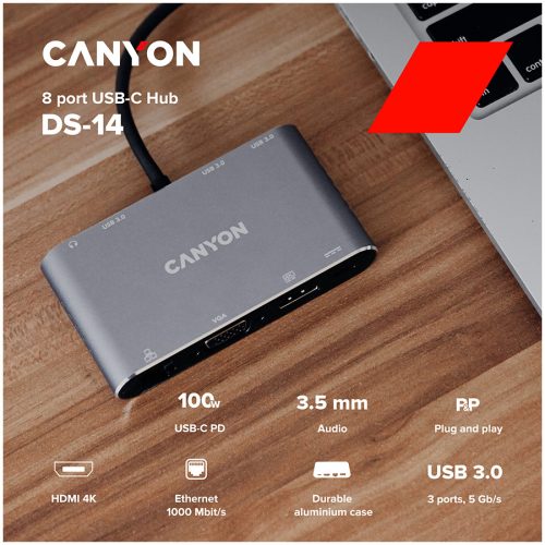 CANYON  8 in 1 USB C hub, with 1*HDMI: 4K*30Hz, 1*VGA, 1*Type-C PD charging port, Max 100W PD input. 3*USB3.0,transfer speed up to 5Gbps. 1*Glgabit Ethernet, 1*3.5mm audio jack, cable 15cm, Al...