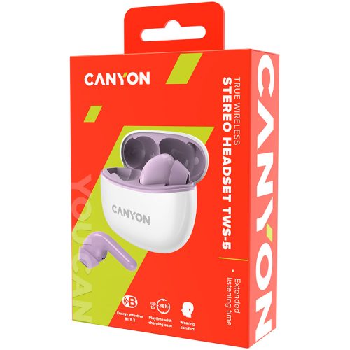 Canyon TWS-5 Bluetooth headset, with microphone, BT V5.3 JL 6983D4, Frequence Response:20Hz-20kHz, battery EarBud 40mAh*2+Charging Case 500mAh, type-C cable length 0.24m, size: 58.5*52.91*25.5...