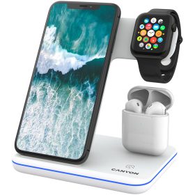   CANYON WS-302 3in1 Wireless charger, with touch button for Running water light, Input 9V/2A, 12V/2A, Output 15W/10W/7.5W/5W, Type c to USB-A cable length 1.2m, 137*103*140mm, 0.22Kg, White