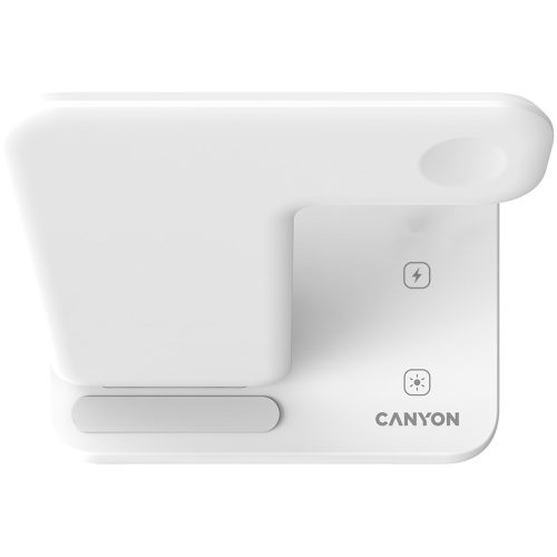 CANYON WS-303 3in1 Wireless charger, with touch button for Running water light, Input 9V/2A, 12V/2A, Output 15W/10W/7.5W/5W, Type c to USB-A cable length 1.2m, 137*103*140mm, 0.22Kg, White