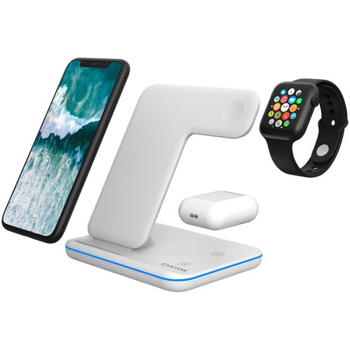 CANYON WS-303 3in1 Wireless charger, with touch button for Running water light, Input 9V/2A, 12V/2A, Output 15W/10W/7.5W/5W, Type c to USB-A cable length 1.2m, 137*103*140mm, 0.22Kg, White