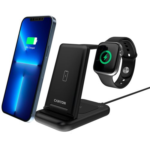 CANYON WS-304, Foldable  3in1 Wireless charger, with touch button for Running water light, Input 9V/2A,  12V/1.5AOutput 15W/10W/7.5W/5W, Type c to USB-A cable length 1.2m, with QC18W EU plug,1...
