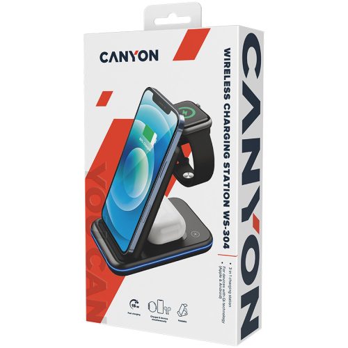 CANYON WS-304, Foldable  3in1 Wireless charger, with touch button for Running water light, Input 9V/2A,  12V/1.5AOutput 15W/10W/7.5W/5W, Type c to USB-A cable length 1.2m, with QC18W EU plug,1...
