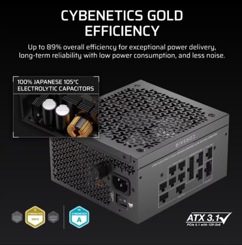 CORSAIR RM1000x Shift, 1000 Watt, ATX 3.1, PCIe 5.1, Shifted moduláris tápegység