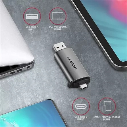Axagon CRE-SAC USB3.2 Gen1 A / USB-C SD, microSD kártyaolvasó szürke (fém ház)