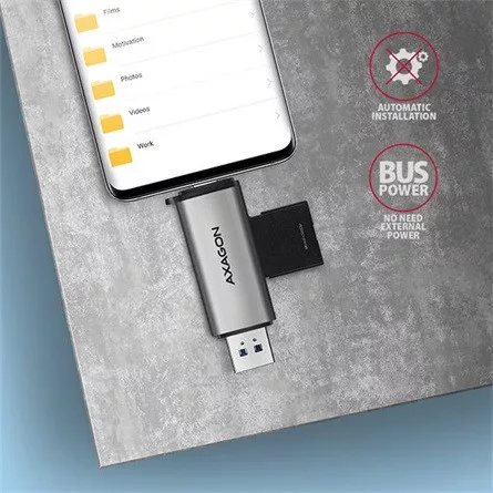 Axagon CRE-SAC USB3.2 Gen1 A / USB-C SD, microSD kártyaolvasó szürke (fém ház)