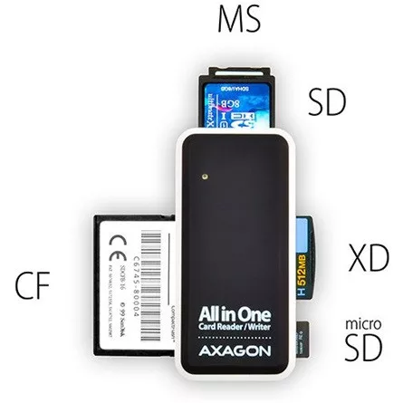 Axagon CRE-X1 USB2.0 SD, microSD, MS, CF, XD kártyaolvasó fekete-fehér