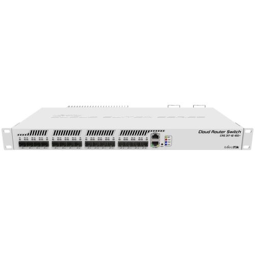 MIKROTIK Cloud Router Switch 317-1G-16S+RM with 800MHz CPU, 1GB RAM, 1xGigabit LAN, 16xSFP+ cages, RouterOS L6 or SwitchOS (dual boot), passive cooling 1U rackmount enclosure, Dual redundant PSU