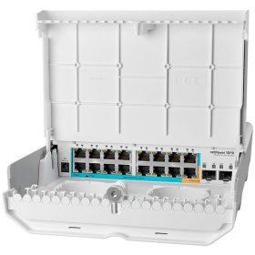   MIKROTIK netPower 15FR with 800MHz CPU, 256MB RAM, 16 x 10/100Mbps Ethernet ports (15 with Reverse POE-in, 1 with PoE-OUT), 2 x SFP, RouterOS L5 or SwitchOS (dual boot), outdoor enclosure, mou...