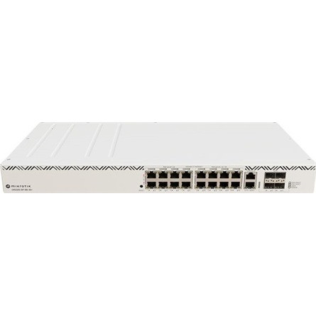 MikroTik Cloud Router Switch PoE 600W (1150W dupla PSU-val), 16x gigabites RJ45 PoE port, 4xSFP+ port, rackbe szerelhető