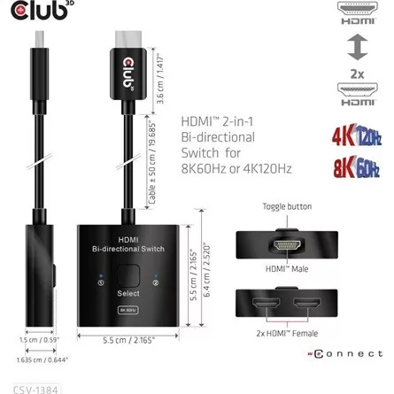Club 3D ADA Club3D HDMI 2-in-1 Bi-directional Switch for 8K60Hz or 4K120Hz