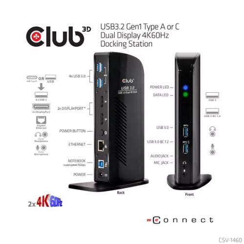 Club 3D Notebook Dokkoló - CSV-1460 (4K60HZ DUAL DISPLAY, 3.1 USB-A to 2x DP, 6x USB3.2, RJ45, 3.5 Jack Audio + Mic)