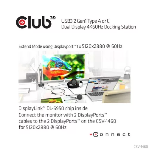 Club 3D Notebook Dokkoló - CSV-1460 (4K60HZ DUAL DISPLAY, 3.1 USB-A to 2x DP, 6x USB3.2, RJ45, 3.5 Jack Audio + Mic)