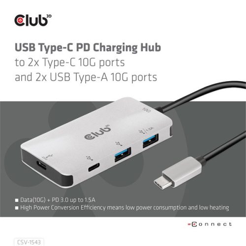 Club 3D USB Hub - CSV-1543 (USB-C Gen 2 to USB-C (data), USB-C (data+charge), USB-A (data), USB-A (data+charge)