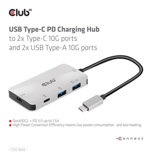 Club 3D USB Hub - CSV-1543 (USB-C Gen 2 to USB-C (data), USB-C (data+charge), USB-A (data), USB-A (data+charge)