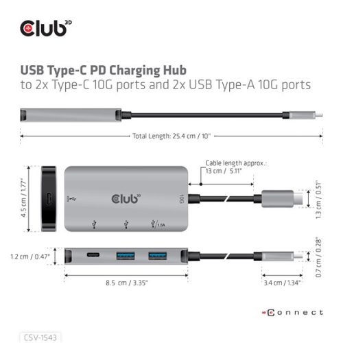 Club 3D USB Hub - CSV-1543 (USB-C Gen 2 to USB-C (data), USB-C (data+charge), USB-A (data), USB-A (data+charge)