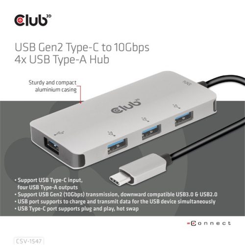 Club 3D USB Hub - CSV-1547 (USB-C Gen 2 to 4xUSB-A 10 Gbps)