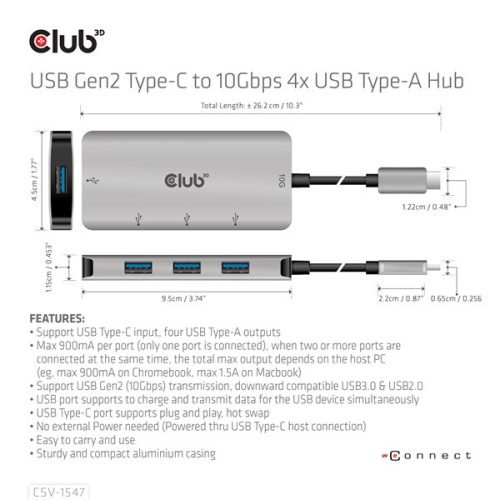 Club 3D USB Hub - CSV-1547 (USB-C Gen 2 to 4xUSB-A 10 Gbps)
