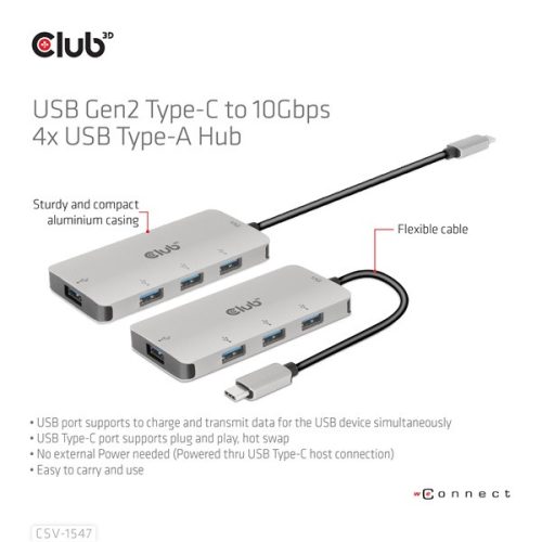 Club 3D USB Hub - CSV-1547 (USB-C Gen 2 to 4xUSB-A 10 Gbps)