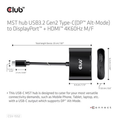 Club 3D USB Hub - CSV-1552 (3.2 USB-C Gen 1 to DisplayPort, HDMI, 4k60Hz)