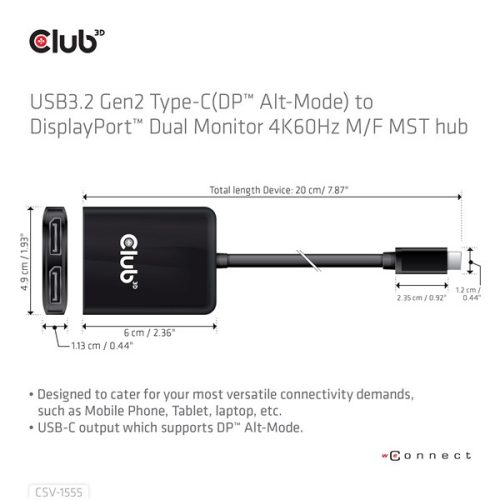 Club 3D USB Hub - CSV-1555 (3.2 USB-C to 2xDisplayPort, 4k60Hz)