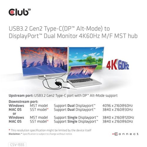 Club 3D USB Hub - CSV-1555 (3.2 USB-C to 2xDisplayPort, 4k60Hz)