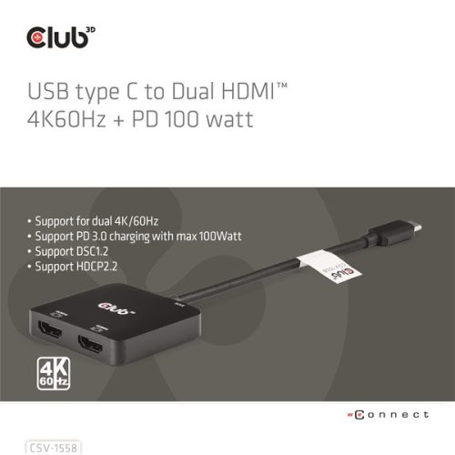 Club 3D USB Hub - CSV-1558 (3.2 USB-C to 2xHDMI, USB-C 100W PD3.0, 4k60Hz)