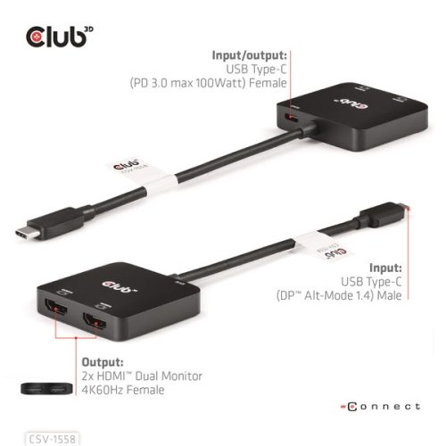 Club 3D USB Hub - CSV-1558 (3.2 USB-C to 2xHDMI, USB-C 100W PD3.0, 4k60Hz)